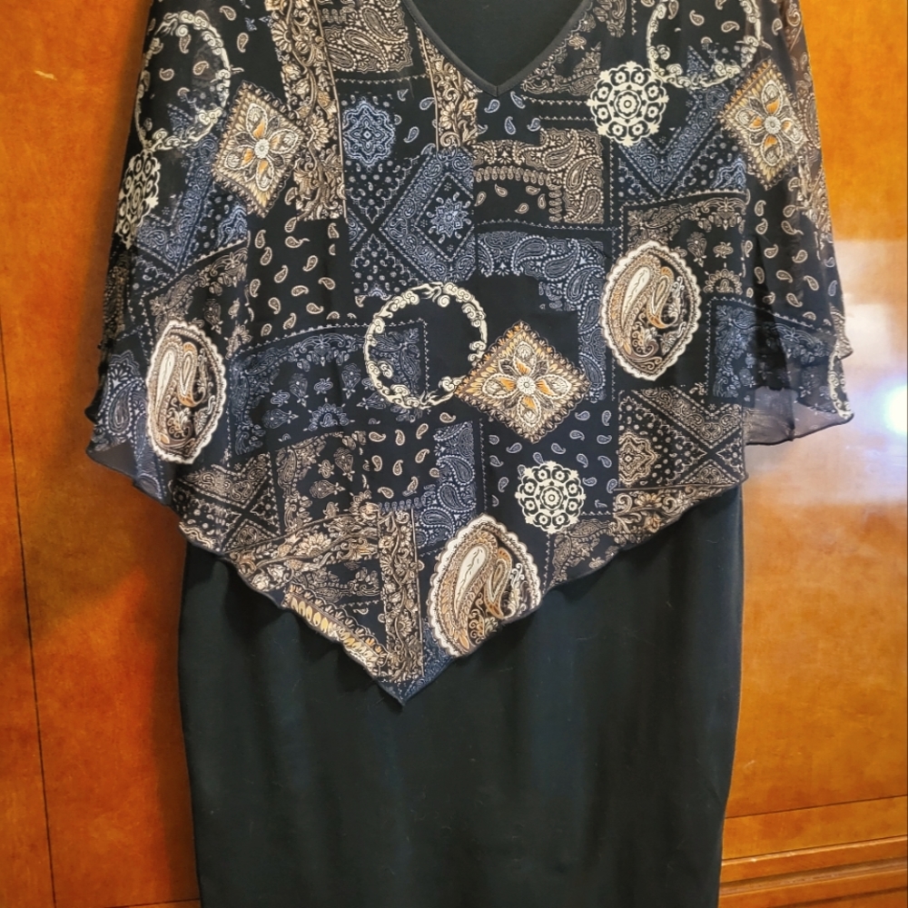 Womens black dress with attached caplet sleeve overlay